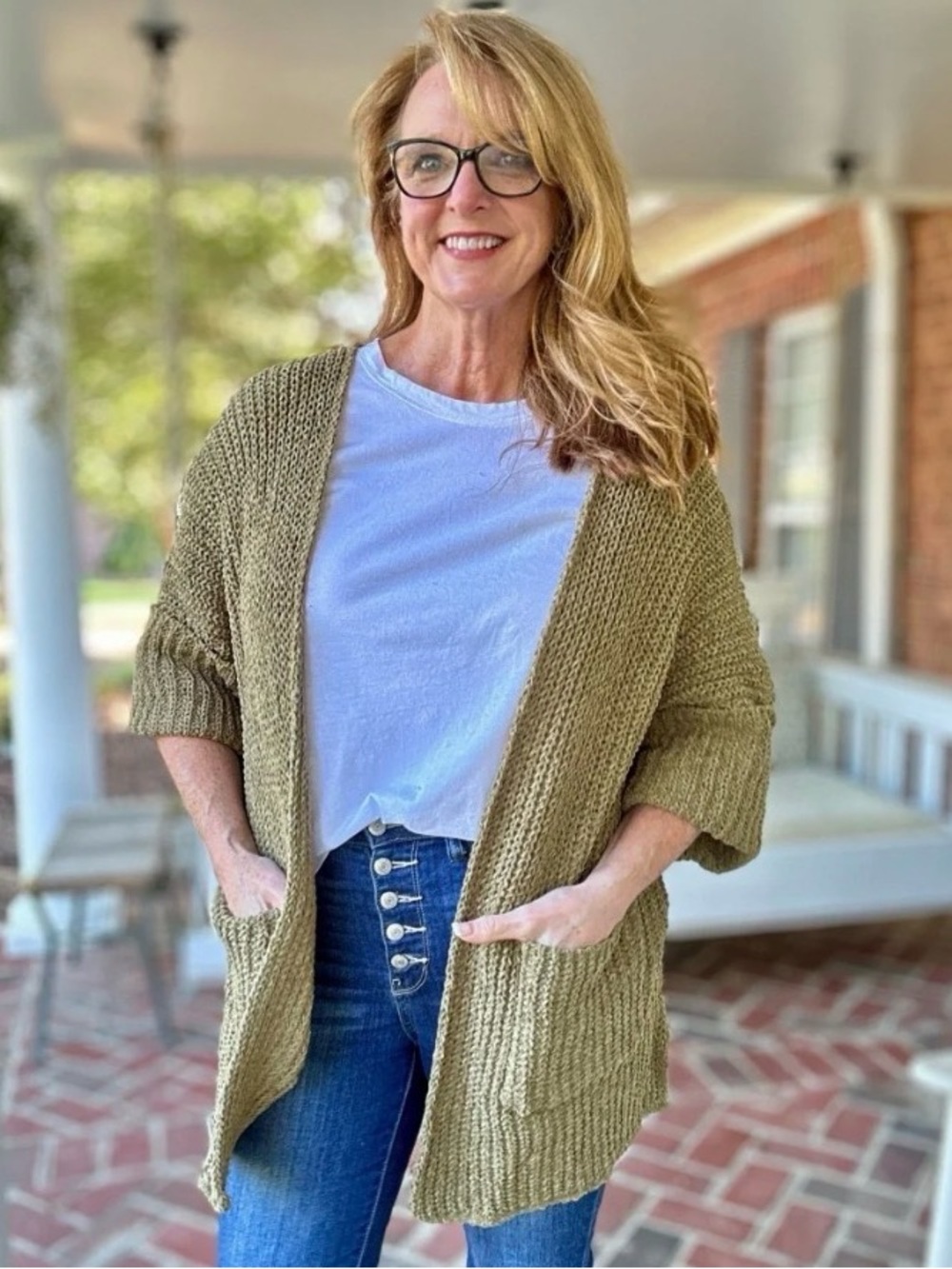 POL Olive Open-Front Chunky Knit Women's Cardigan